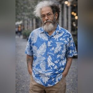 Vintage Cooke Street Honolulu Blue Leaf Print Aloha Shirt 100% Cotton Size M